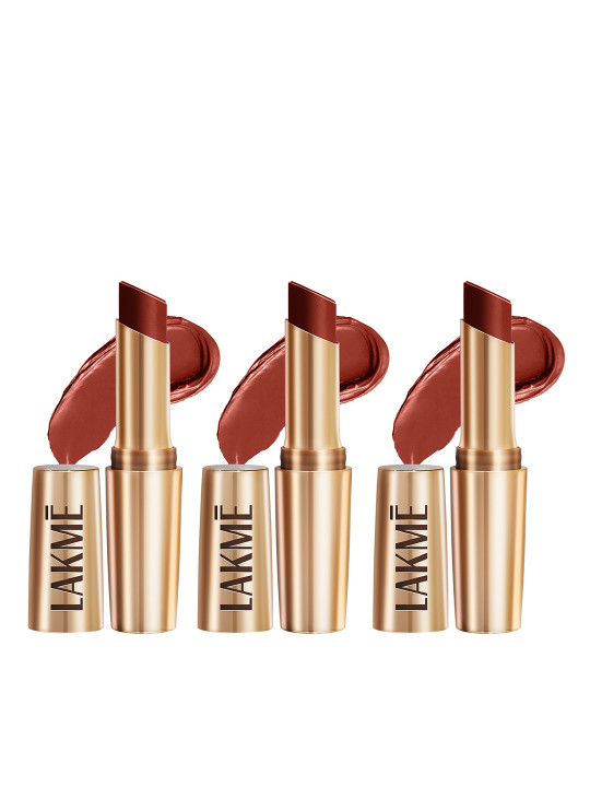 Lakme - Set of 3 9to5 Powerplay Priming Matte Lipstick Lasts 16Hr 3.6g Each - Red Rust