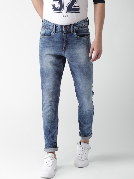 HIGHLANDER - Men Blue Tapered Fit Mid-Rise Clean Look Stretchable Cropped Jeans