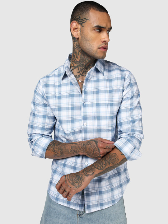 Bewakoof - Men's White & Blue Checked Shirt