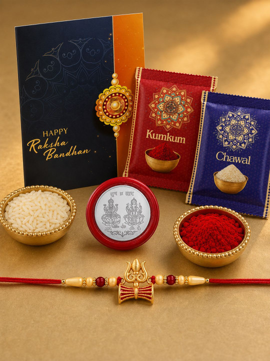 DeoDap - Rakhi for Brother With Greeting Card & Roli-Chawal & Silver colour coin