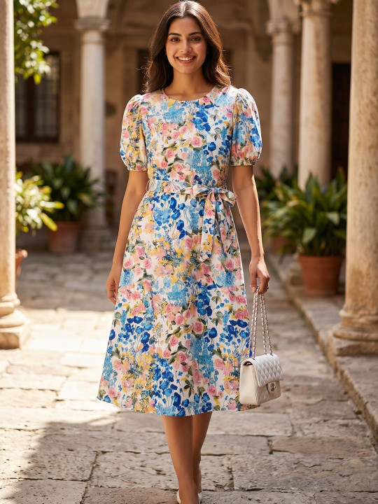 HELLCAT - Floral Print Puff Sleeve A-Line Midi Dress