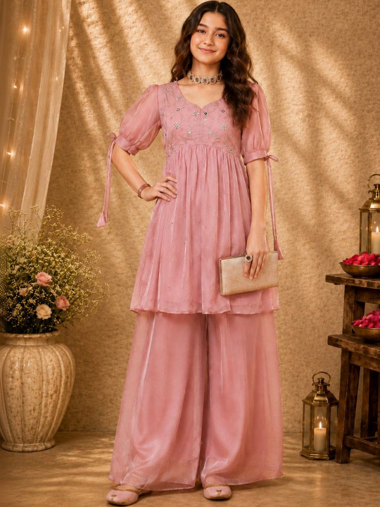 CurlyTales - Girls Baby Pink Organza Embroidered Kurta and Palazzo Set