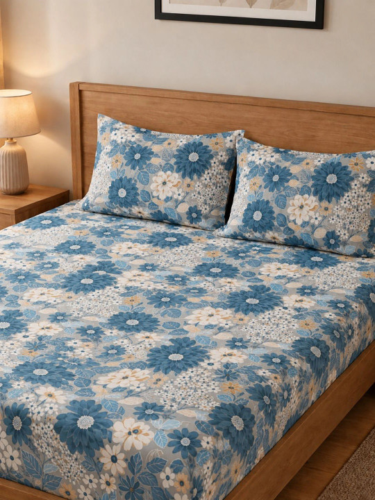 Welspun - Grey Floral Double Bedsheet 2 Pillow Covers Gift Set| Bedding Set 220 x 240Cm