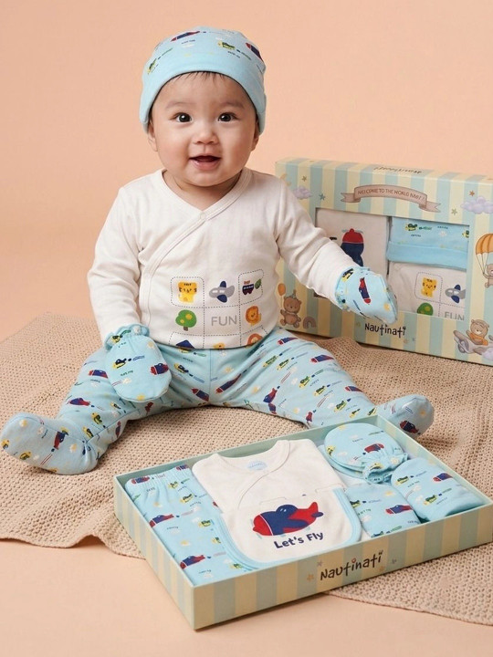 Nauti Nati - Infants Girls Pack of 5 Printed Pure Cotton Baby Apparel Gift Set