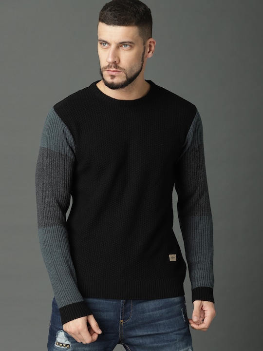 Roadster - Men Black Self Design Pullover