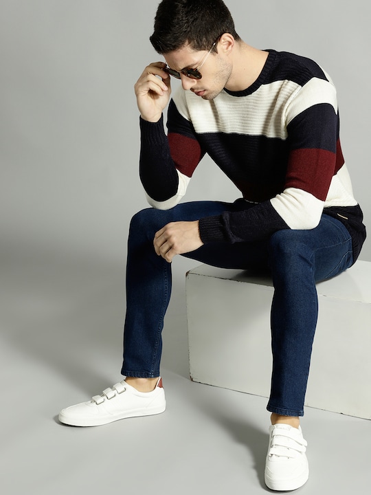 Roadster - Men Cream-Coloured & Navy Blue Self-Striped Longline Pullover