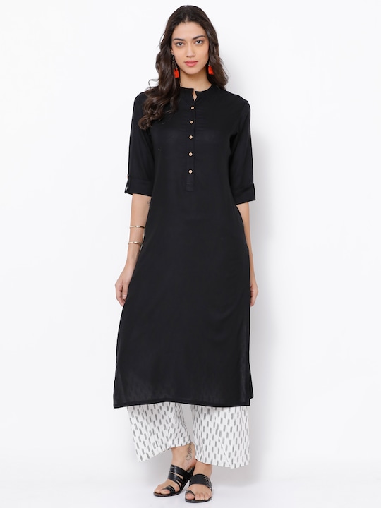 Vishudh - Women Black Solid Straight Kurta