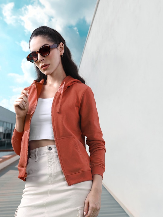 Roadster - Women Rust Red Solid Hooded Sweatshirt