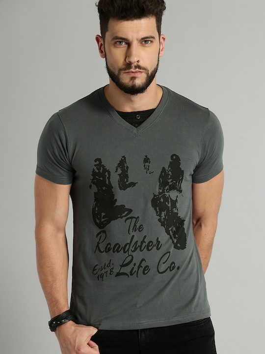 Roadster - Men Grey & Black Printed T-shirt
