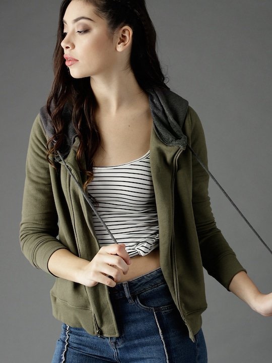 Roadster - Women Olive Green Solid Hooded Sweatshirt