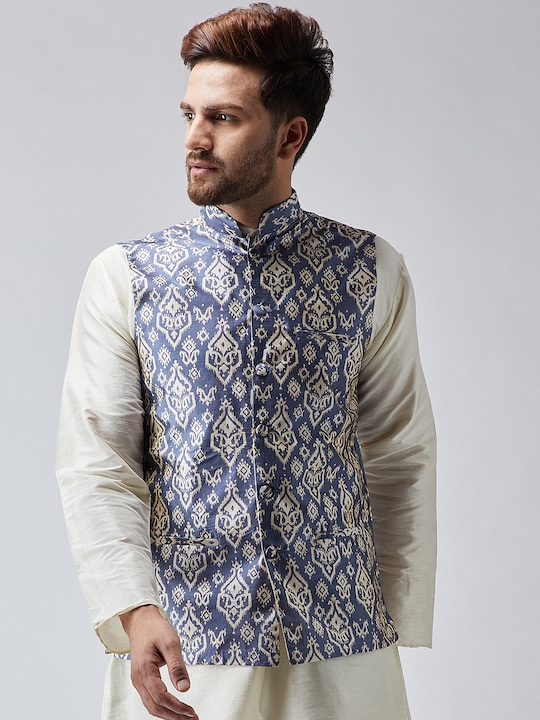SOJANYA - Men Blue & Off-White Printed Nehru Jacket