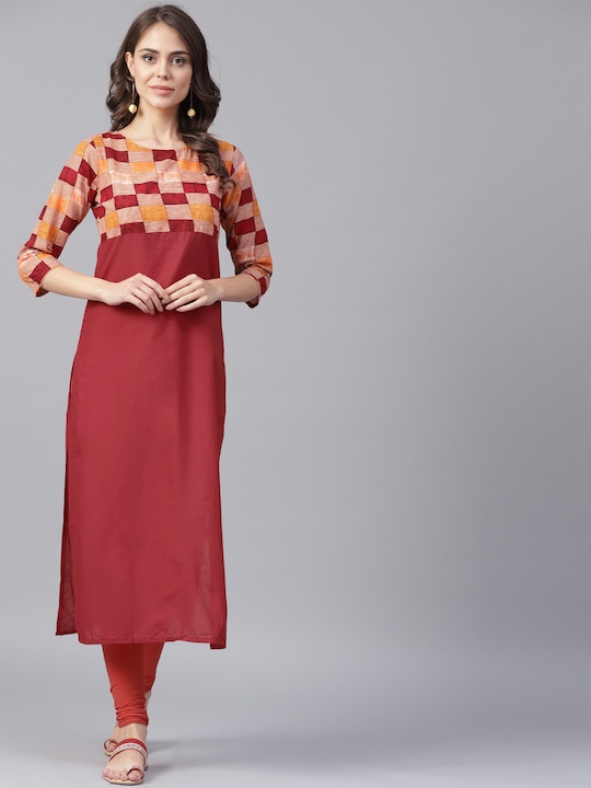 Nayo - Women Maroon Yoke Design Straight Kurta