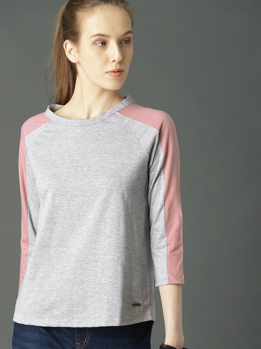 Roadster - Women Grey Melange Solid Round Neck Pure Cotton T-shirt