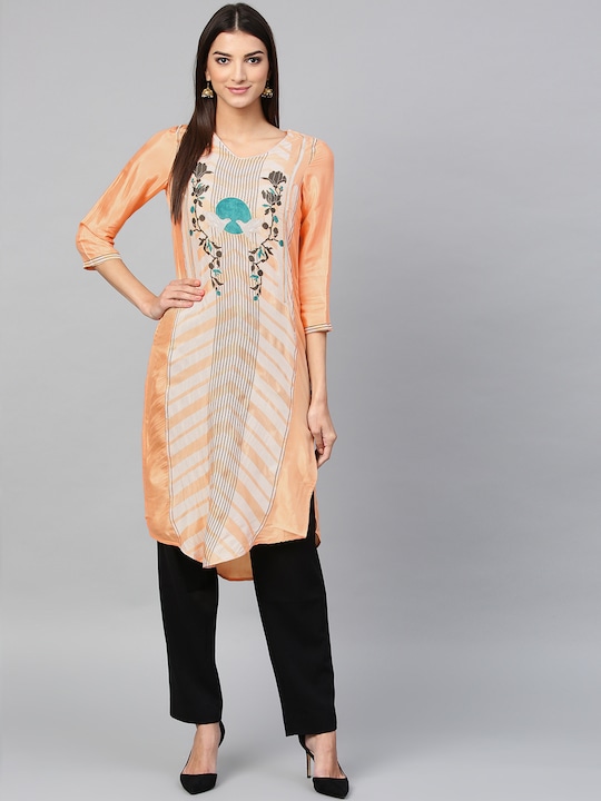 W - Women Peach-Coloured Printed Straight Kurta