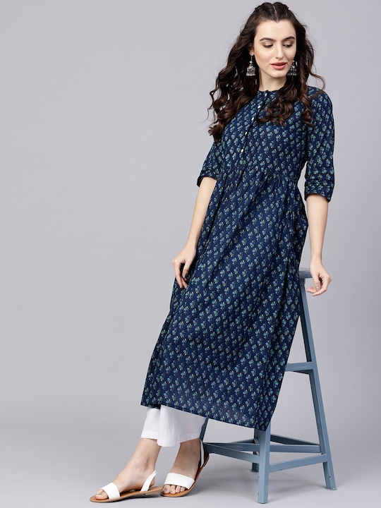 Nayo - Navy Blue Floral Cotton A-Line Kurta With Gathered Waist & Palazzos