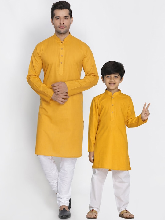 VASTRAMAY - Men Yellow & White Solid Kurta with Pyjamas