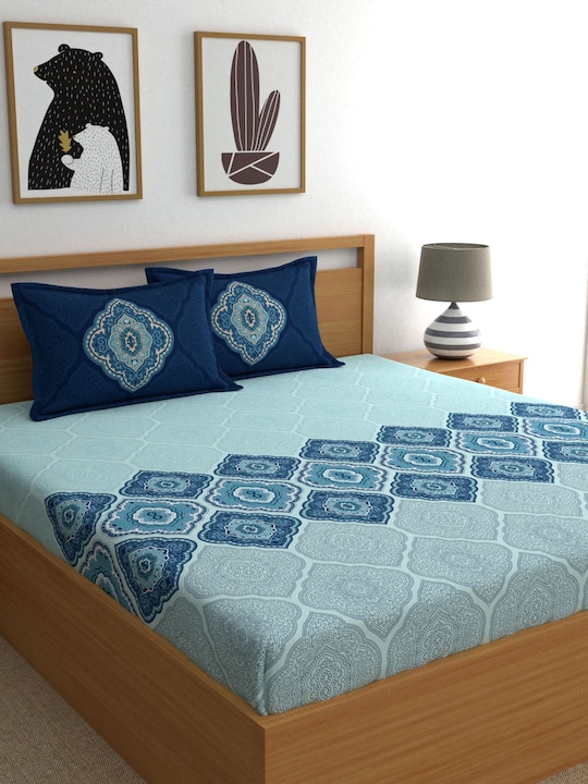 Dreamscape - Blue Ethnic 144 TC Cotton 1 Queen Bedsheet with 2 Reversible Pillow Covers
