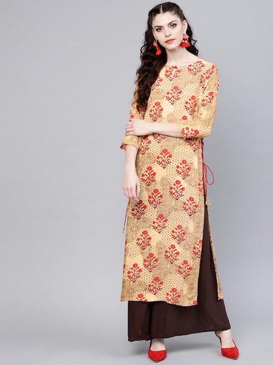 GERUA - Women Beige & Red Printed Straight Kurta