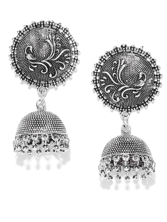 Zaveri Pearls - Oxidised Silver-Plated Textured Dome Shaped Jhumkas