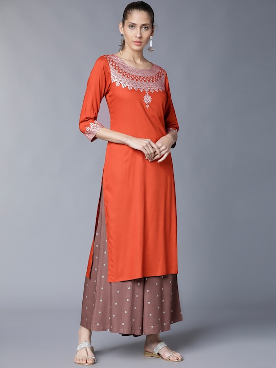 Vishudh - Women Rust Orange & Brown Printed Kurta with Palazzos