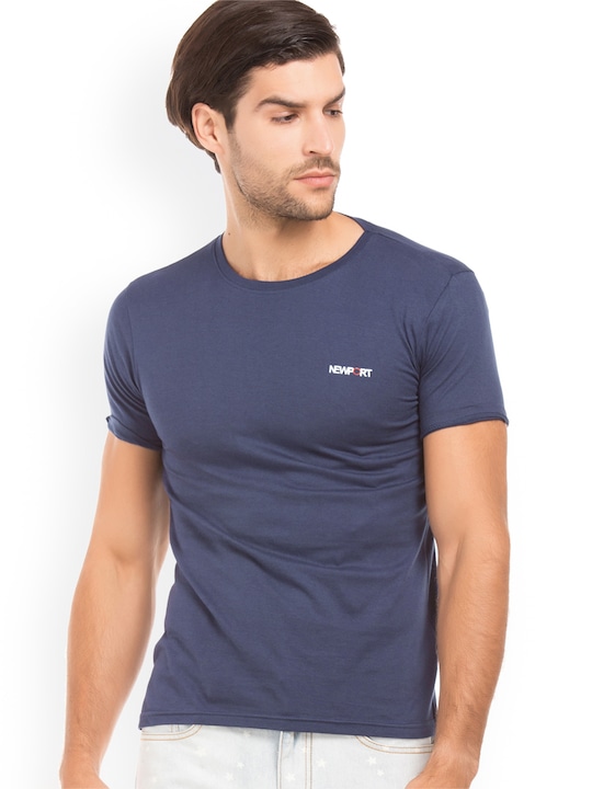 Newport - Men Navy Blue Solid Round Neck T-shirt
