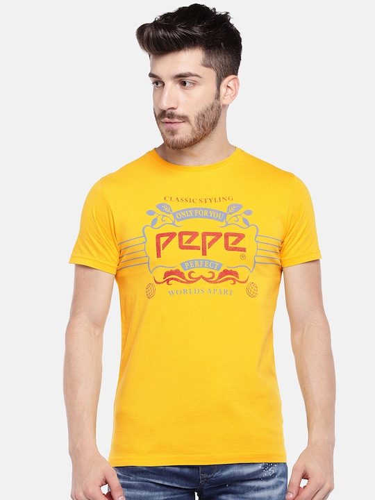Pepe Jeans - Men Yellow Printed Round Neck Pure Cotton T-shirt