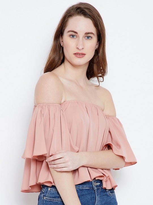 Berrylush - Women Rose Solid Bardot Top