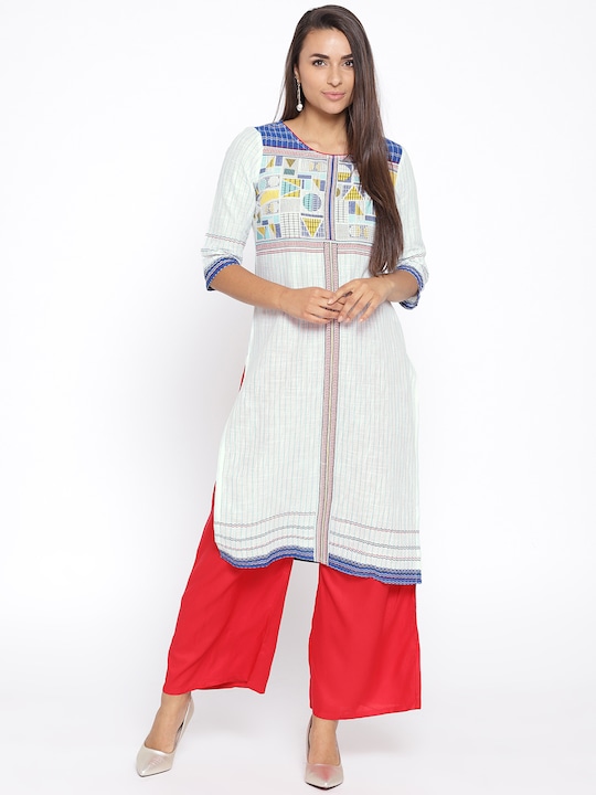AURELIA - Women White & Blue Striped Straight Kurta