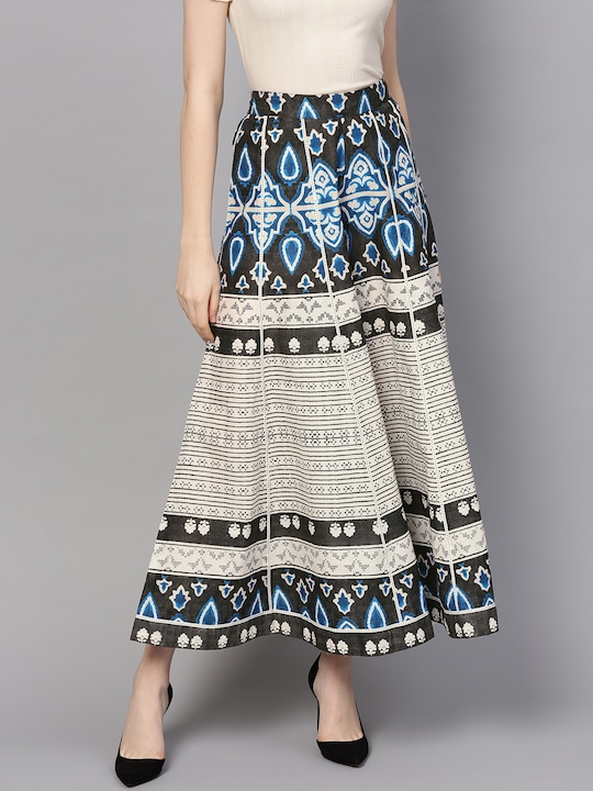 W - Women Off-White & Charcoal Grey Printed Flared Palazzos