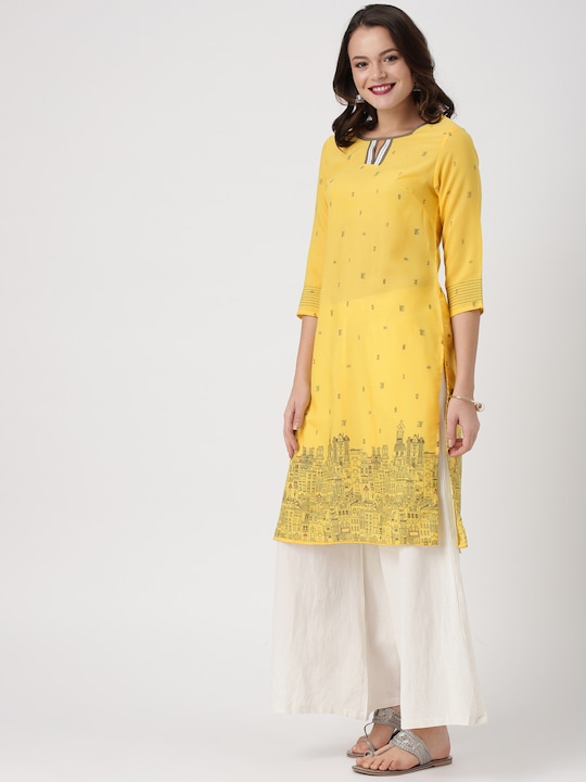IMARA - Women Yellow Printed Straight Kurta