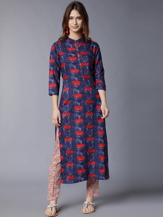 Vishudh - Women Navy Blue & Red Printed Kurta with Trousers