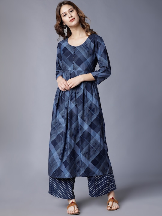 Vishudh - Women Navy Blue Printed Kurta with Palazzos