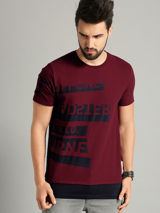 Roadster - The Lifestyle Co Men Maroon  Navy Placement Print Round Neck Pure Cotton T-shirt