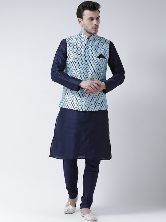 DEYANN - Men Navy Blue Solid Kurta with Pyjamas & Nehru Jacket