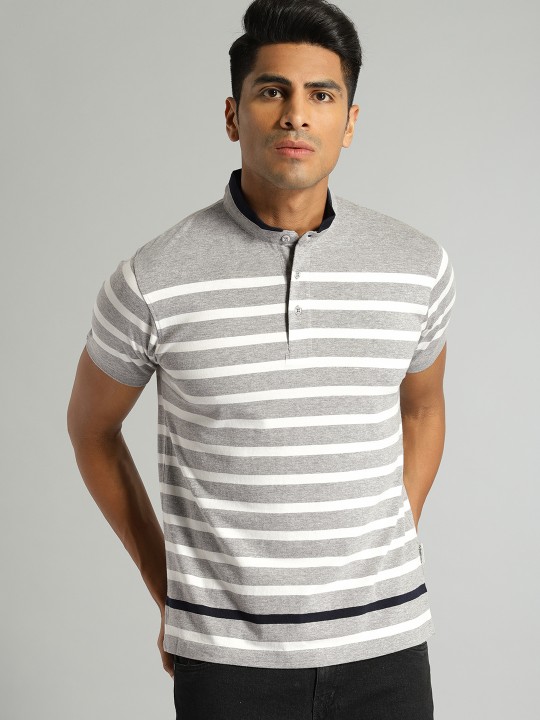 Roadster - The Lifestyle Co Men Grey Melange & White Striped Mandarin Collar T-shirt