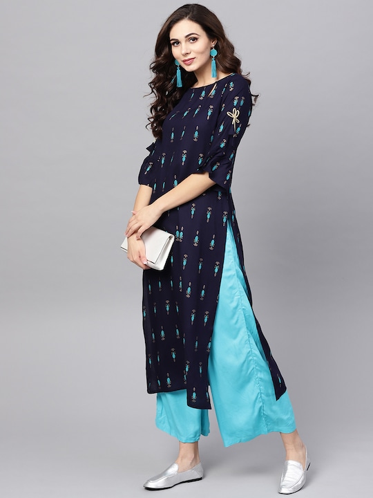Libas - Blue Block Print Straight Viscose Kurta With Keyhole neck