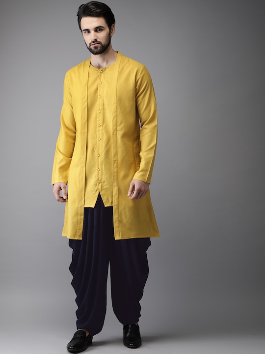 Anouk - Men Yellow & Navy Solid Layered Kurta with Dhoti Pants