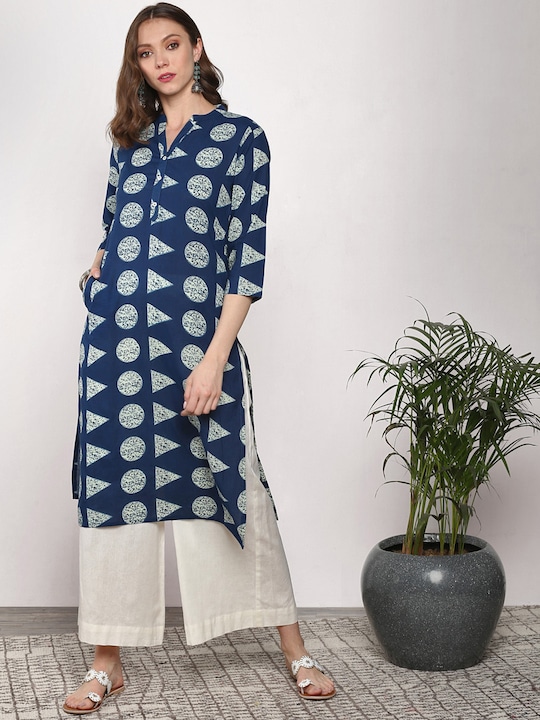Sangria - Women Navy Blue Printed A-Line Kurta