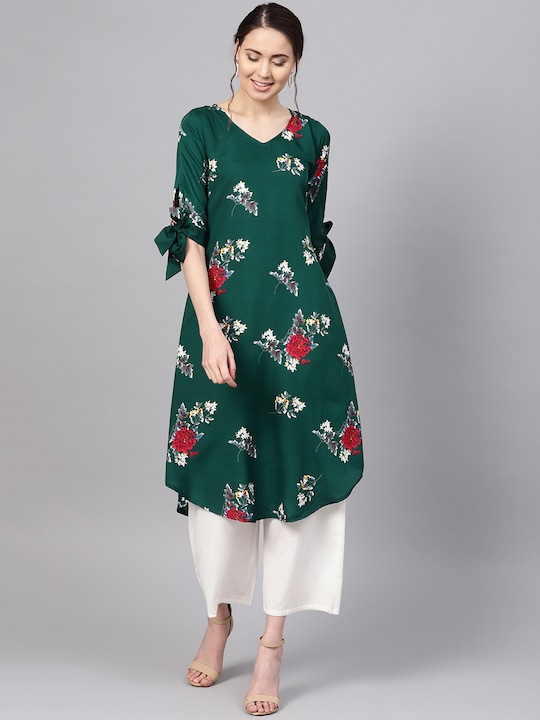 Myshka - Women Green & White Floral Printed A-Line Kurta