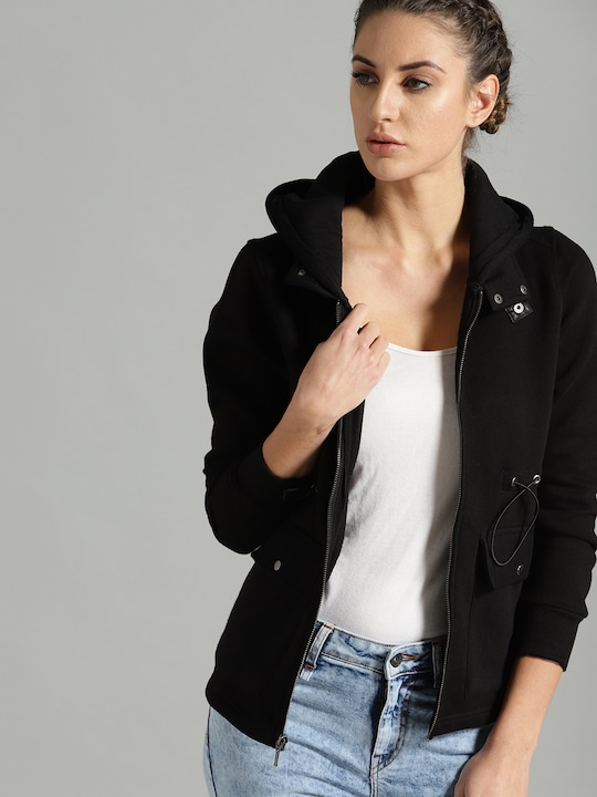 Roadster - The Lifestyle Co Women Black Solid Hooded Sweatshirt