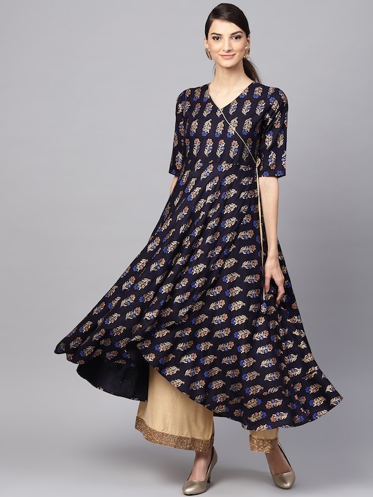 Libas - Women Navy Blue & Golden Block Printed A-Line Kurta