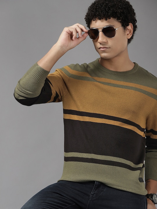Roadster - The Lifestyle Co. Men Olive Green & Brown Striped Sweater