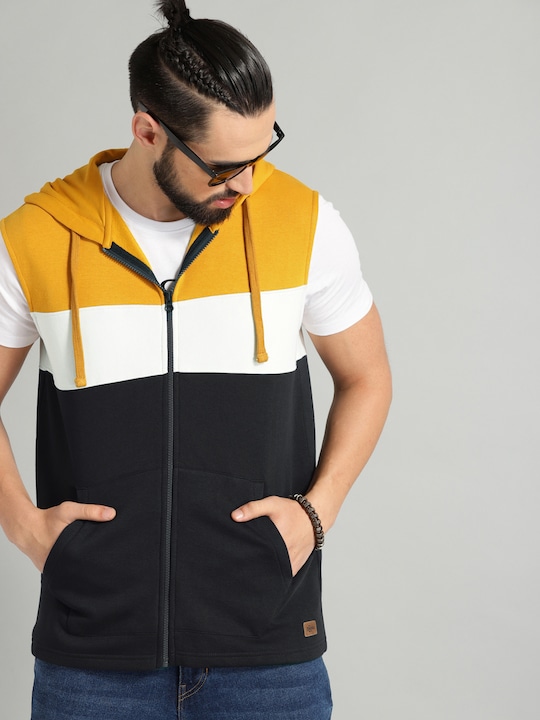 Roadster - Men Navy Blue & Mustard Yellow Colourblocked Hooded Sweatshirt