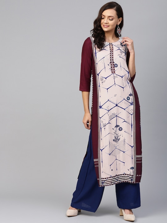 W - Women Burgundy & Off-White Printed Straight Kurta