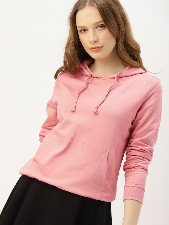 DressBerry - Women Peach-Coloured Solid Hooded Sweatshirt