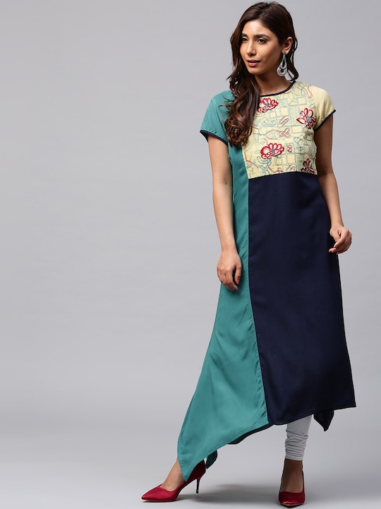 Jaipur Kurti - Women Beige & Blue Printed A-Line Kurta