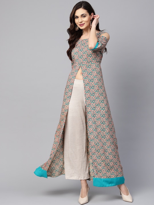 Myshka - Women Green & Beige Printed High-Slit A-Line Kurta