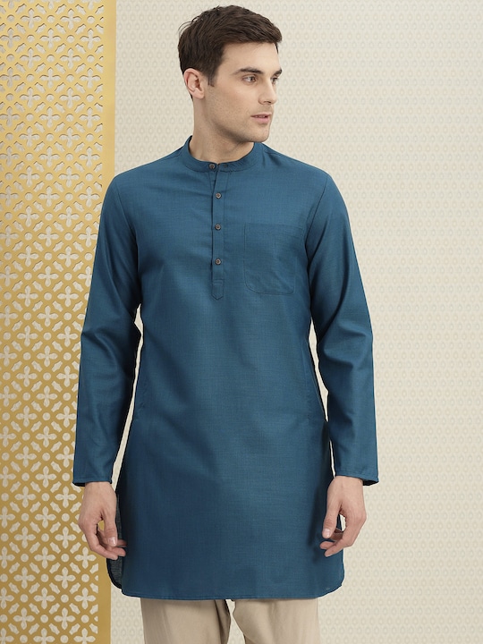 House of Pataudi - Men Teal Blue Solid Straight Kurta