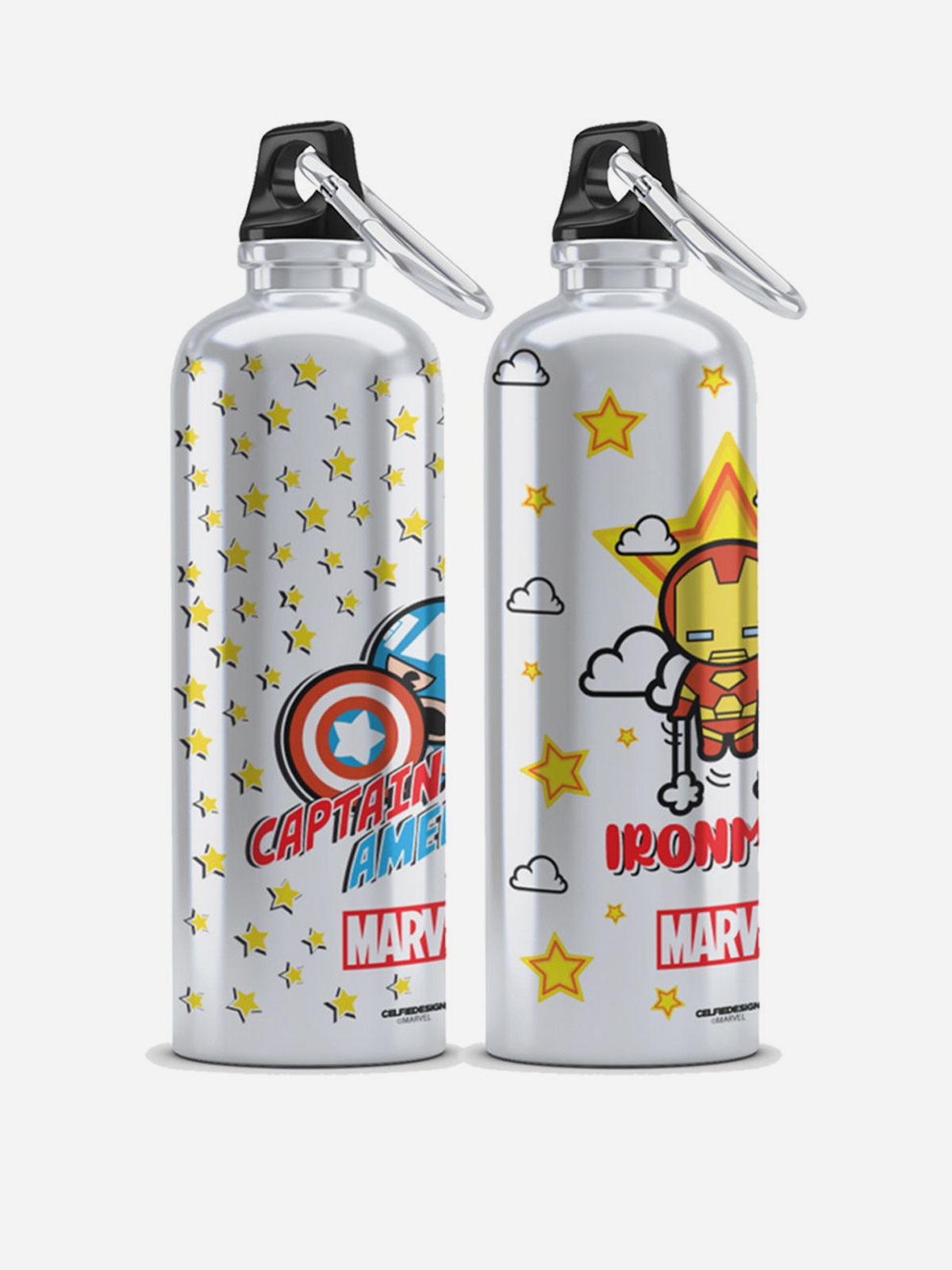 Celfie Design - Silver Captain & Ironman Kawaii Aluminium Sipper Bottles (Set Of 2)