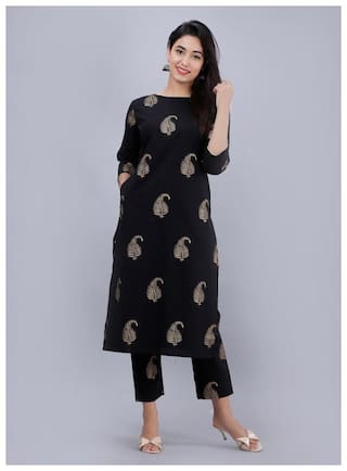 AVINDA Women Black Printed Straight Kurta With Pants
